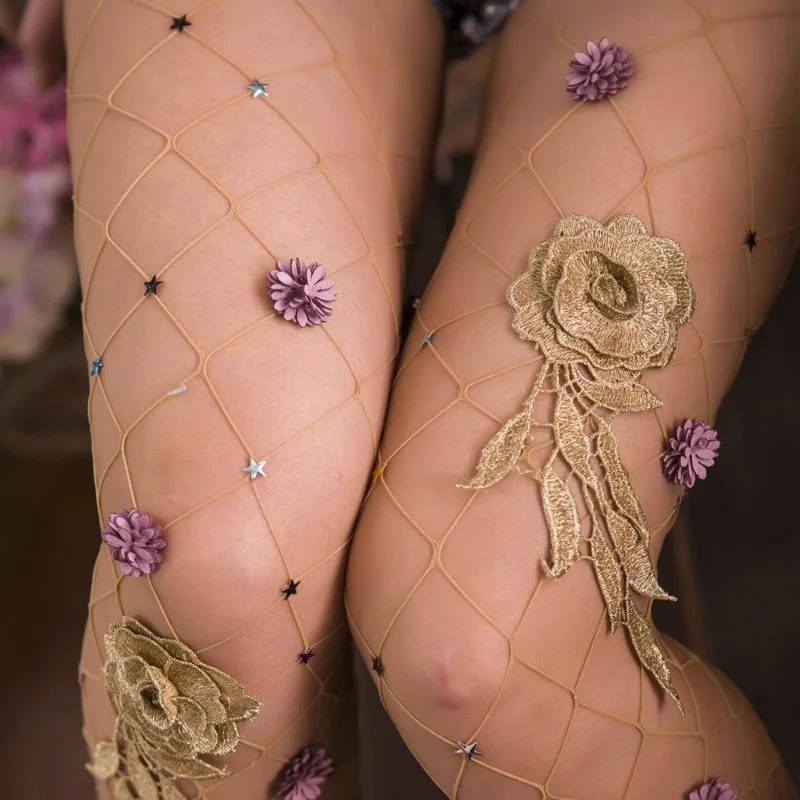 

Rhinestone Floral Embroidery Pantyhose Women's Fishnets Sexy Tights Hollow Stockings Fashion Women Lingerie Panty Female Socks