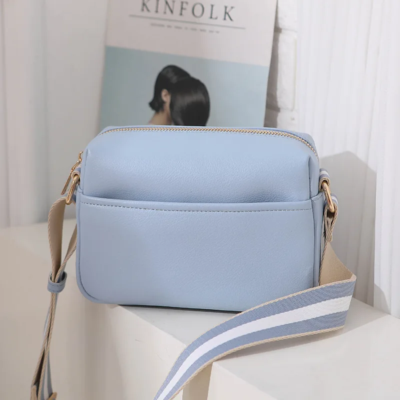 Solid Square Women Crossbody Bags Wide Fabric Strap Crossbody Bag Ladies Fashion Handbags Zipper Leather Women Shoulder Bags