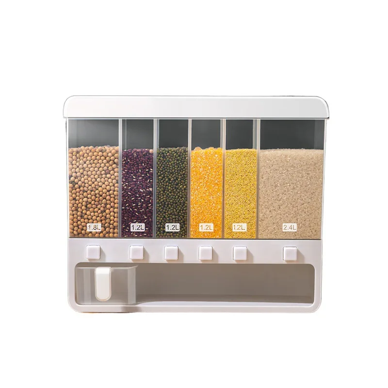 Home Cereals Dispenser 6 Compartment Storage Jar Sealed Rice Storage Box Grain Dry Food Tank Kitchen Moisture Storage Organizer