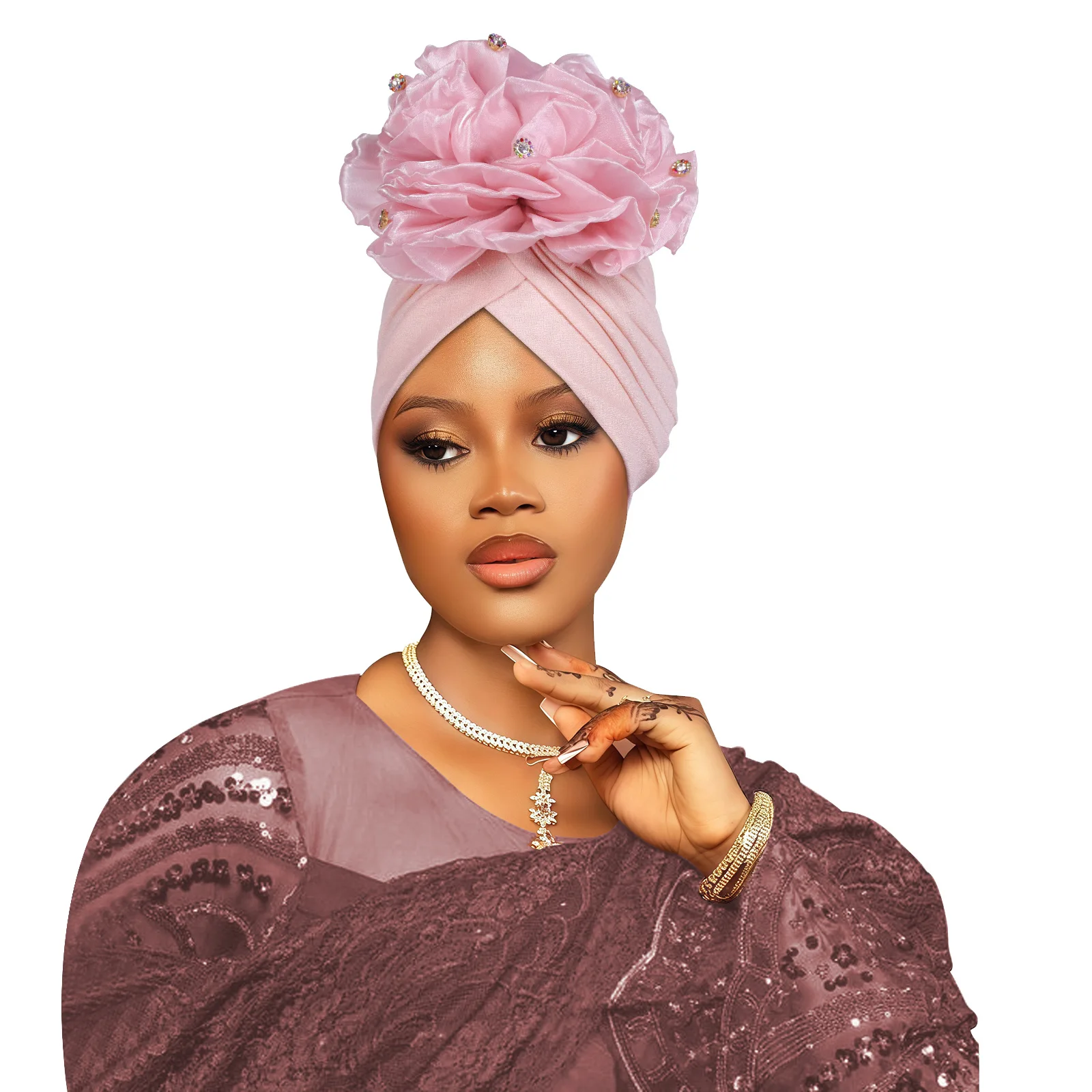 African Traditional Turban Hat Cap with Big Flower Chemo Cap Bonnet Ethnic Festival Headwrap for Women Headtie Head Wrap Bonnet