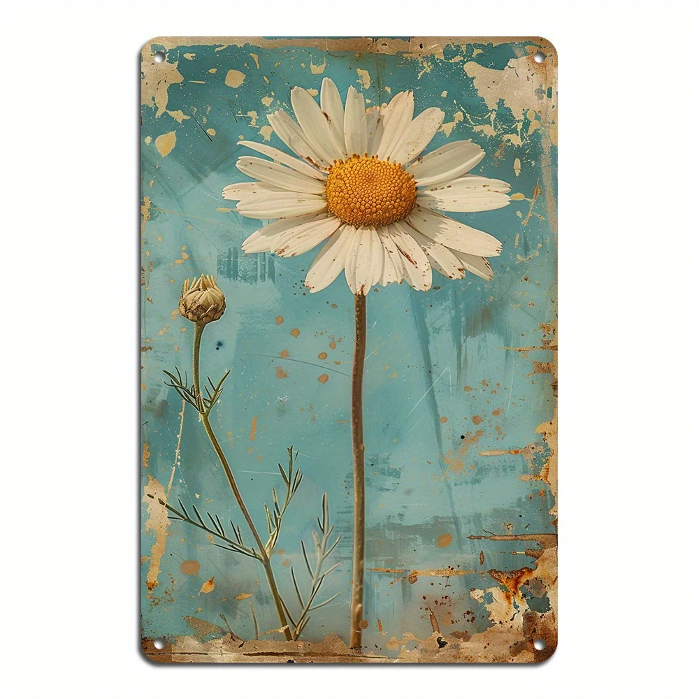 1PC Vintage White Daisy Metal Plaque Rustic Iron Wall Art Decoration Vintage Plaque for Home and Garden Decor 8x12 Inches