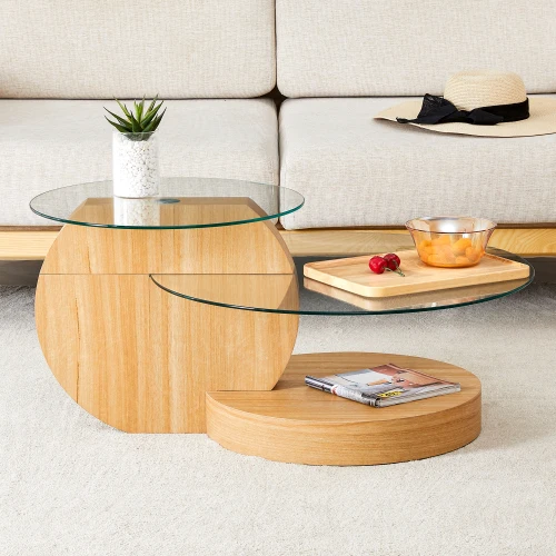 

Modern and Practical Coffee Table. Glass Countertop, Wood Color MDF Table Legs. Suitable for Living Room and Bedroom.