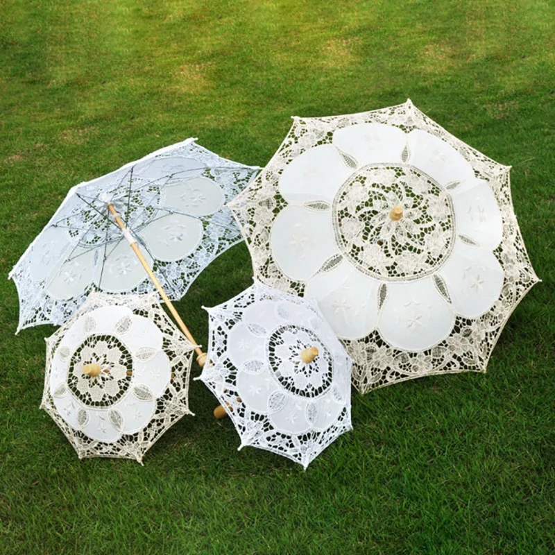 White Lace Umbrella Wedding Bride Restonic White Wooden Handle Creative Craft White Beige Parasol Sun Umbrella Photography Props