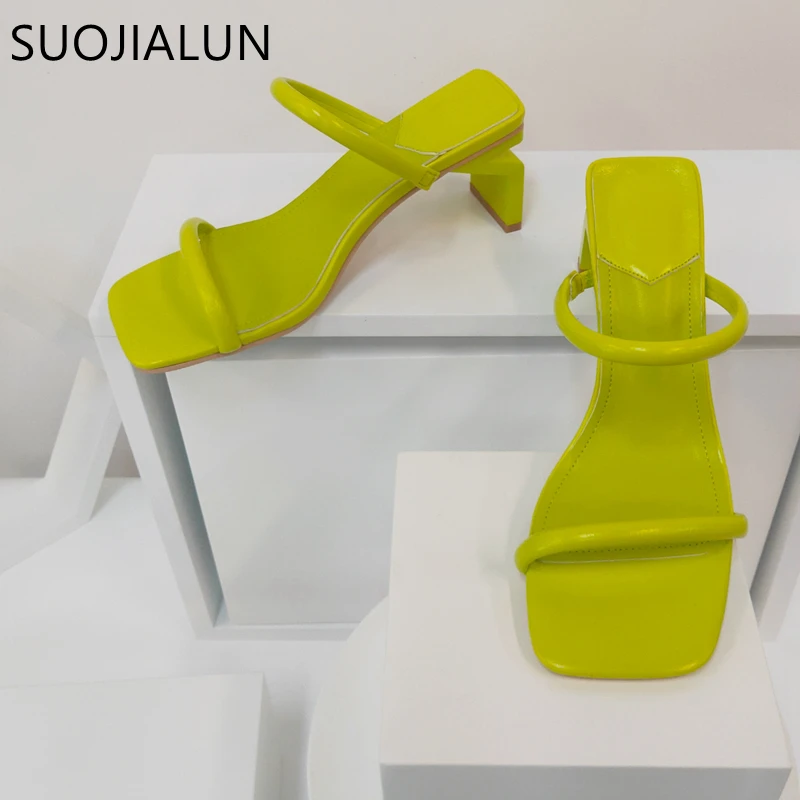 SUOJIALUN 2022 Summer Gladiator Shoes Square High Heel Women Slides Fashion Narrow Band Square Toe Ladise Beach Sandal Slides