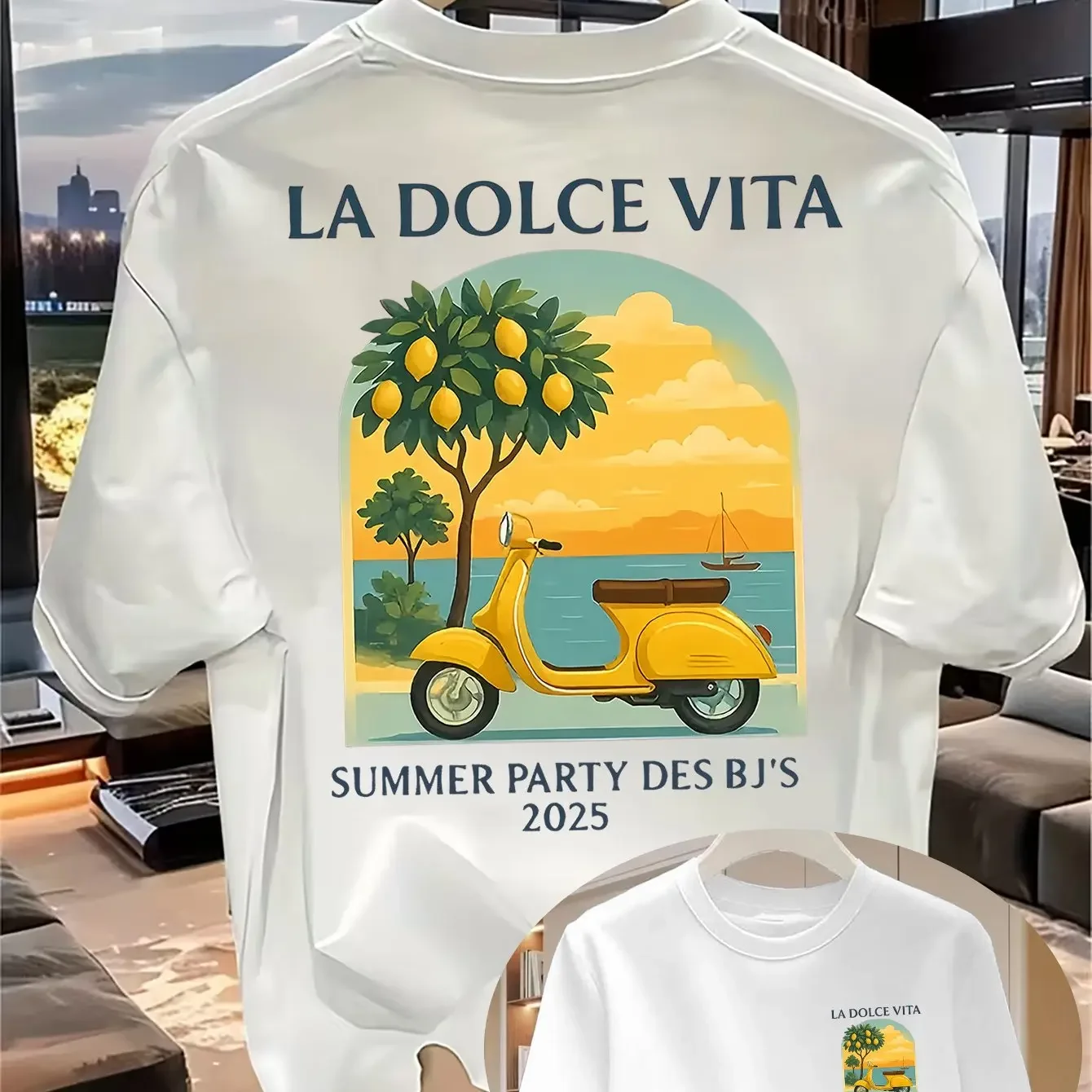Camiseta Retro para Hombre 100% Algodón, Estampado de La Dolce Vita, Vespa Italiana, Limonero, Atardecer Mediterráneo, Corte Holgado, Manga Corta