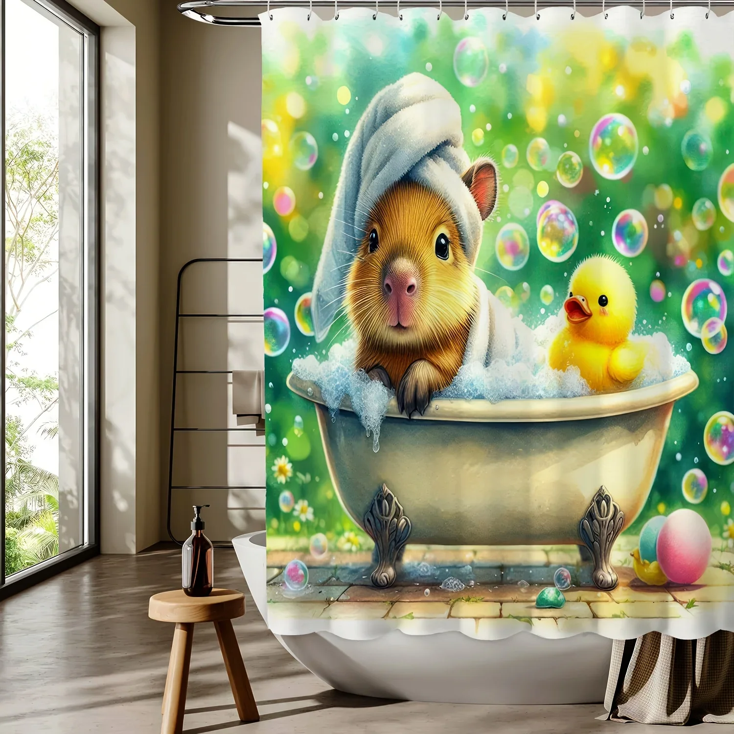 

~O~Capybara Cartoon Pattern Digital Print Shower Curtain - Machine Washable, Reversible Polyester, All-Season Bathroom/Home Deco