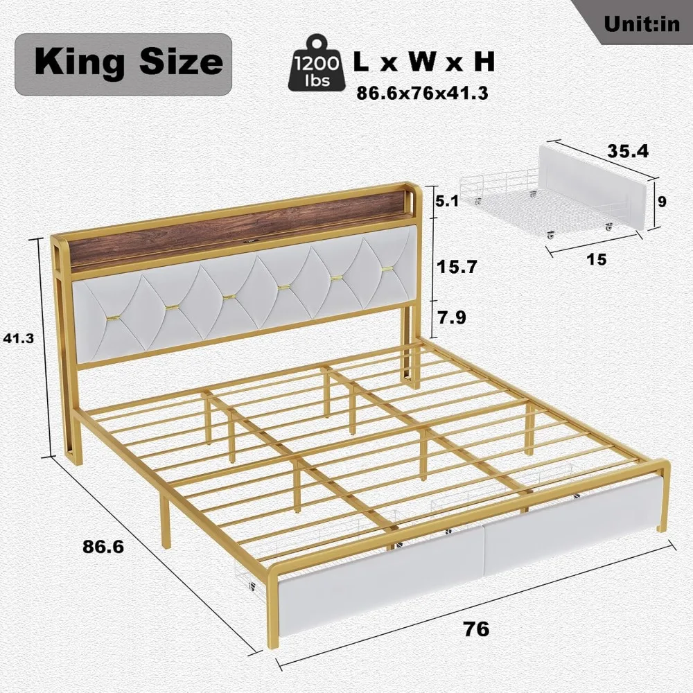 King Bed Frame and Headboard w Storage Drawers, Grey Upholstered King Size Bed Frame w Led Lights Headboard and Charging Station