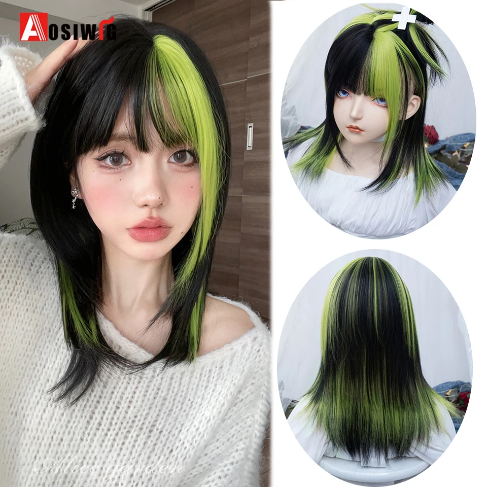 AOSI Y2K Short Straight Head Wigs Synthetic Black highlight Green Blend Lolita Cosplay Hair Wig For Women Daily Party