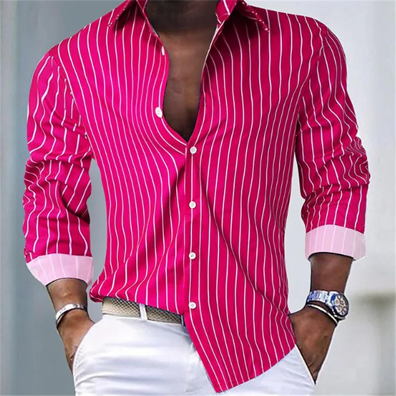 Men's casual outdoor striped plaid soft and comfortable material street outdoor men's suit lapel shirt 2024 plus size