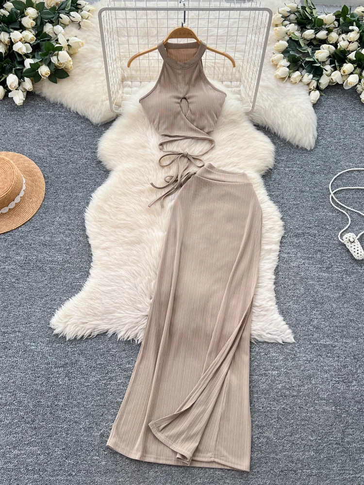 

Комплект из укороченного топа и длинной юбки Spicy Girl Sle Svel с завязками, женский летний модный наряд с высокой талией и разрезом