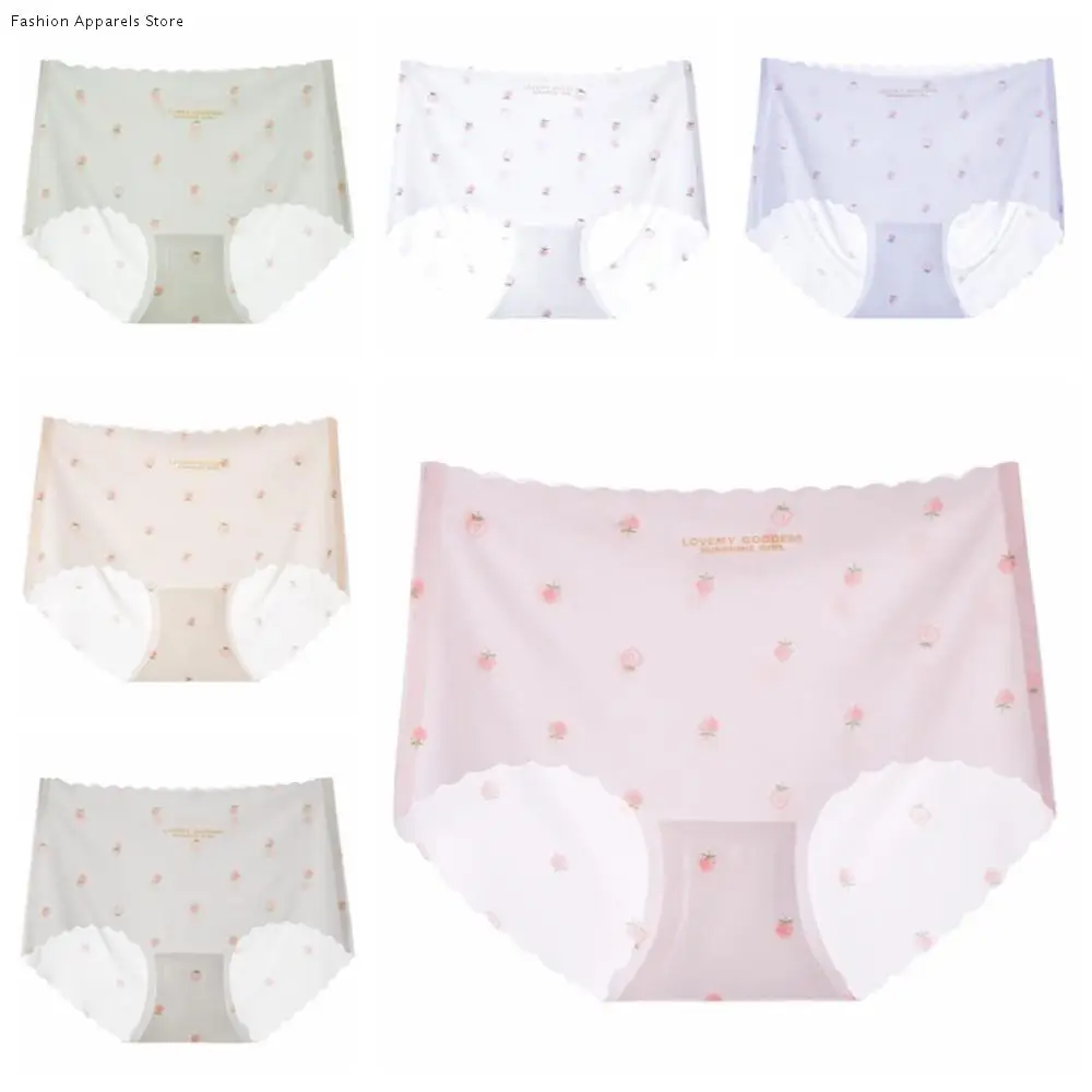 

6Pcs Underwear Ice Silk Panties Cotton Crotch Thin Seamless Briefs Women Underpants Mid Waist Sweet Strawberry Briefs Girl