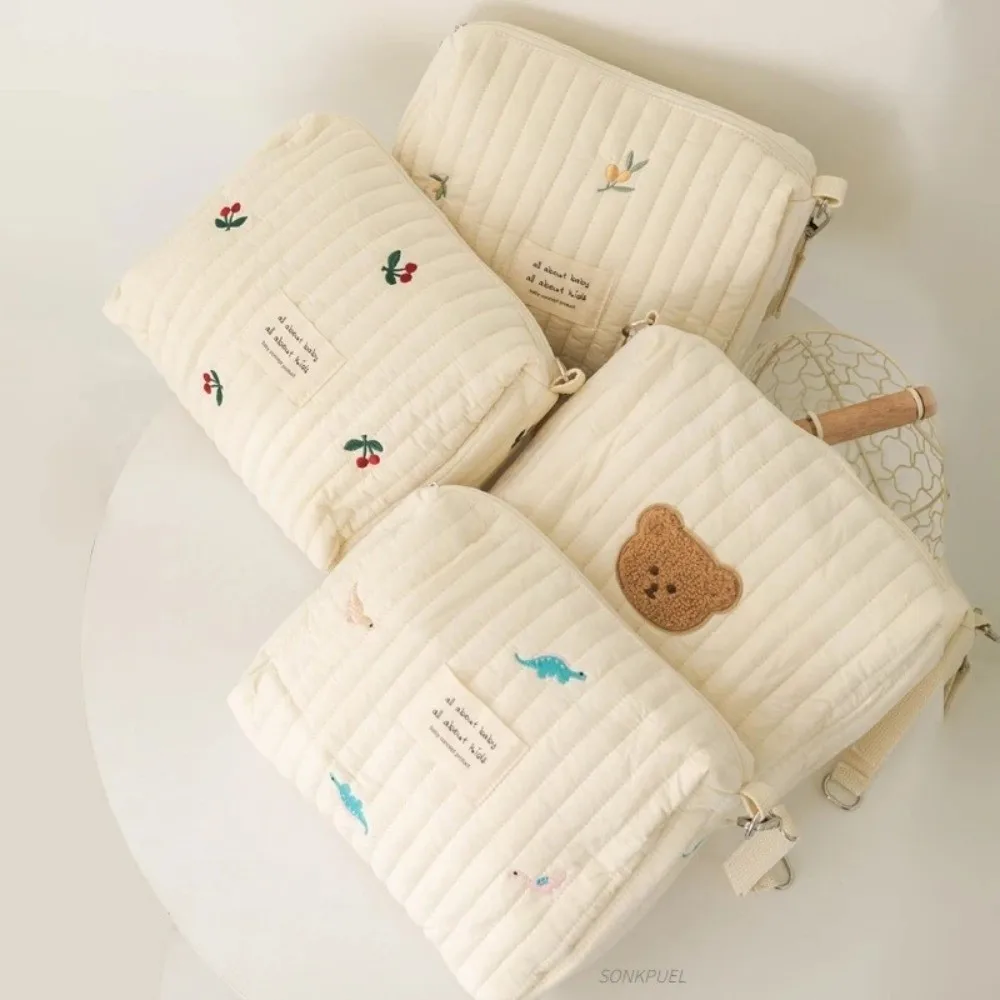 Ins Zipper Cotton Diaper Bag Embroidery Cute Print Stroller Hanging Bag Nappy Organizer Newborn