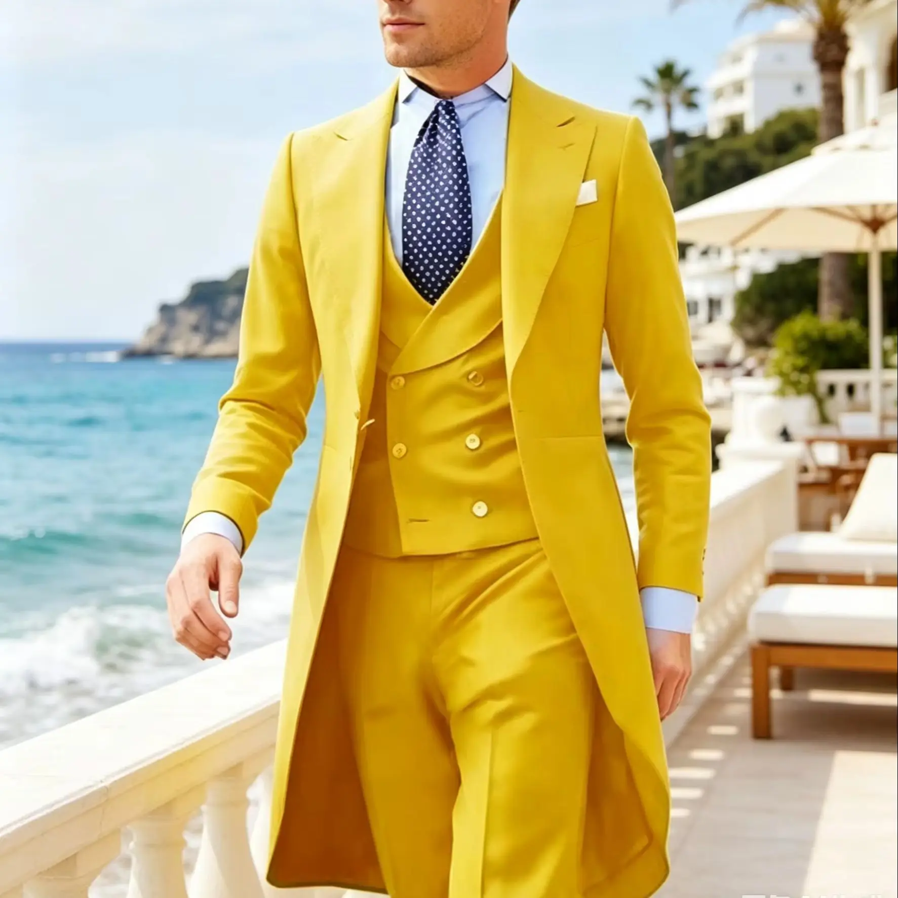 

Yellow 3 Piece Men's Wedding Tuxedo Long Tailcoat Formal Suit with Jacket Pants Vest - Fashionable Male Clothing Set for Prom