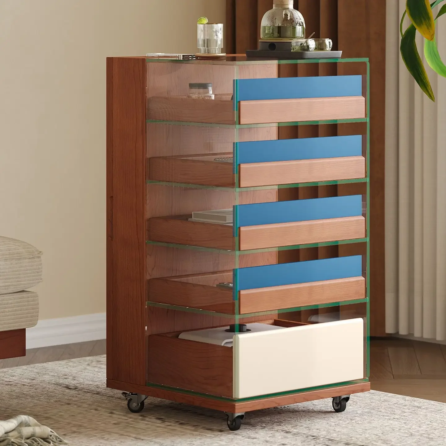 Glass square side table integrated storage multi-layer cabinet with movable features