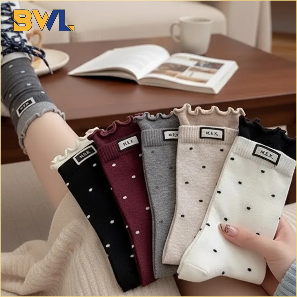 

Women’s Cute Dotted Frilly Socks Soft Cotton Breathable Casual Fashion Preppy Style Long Socks Comfortable Novelty Socks
