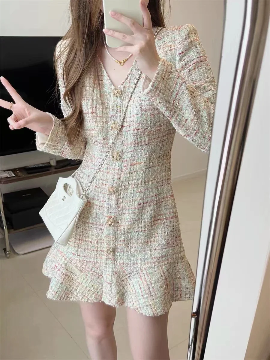 

Women's Short Robes 2024 New Spring Autumn Woolen V-neck Single Breasted Sweet Long Sleeve Buckle Mini Dress