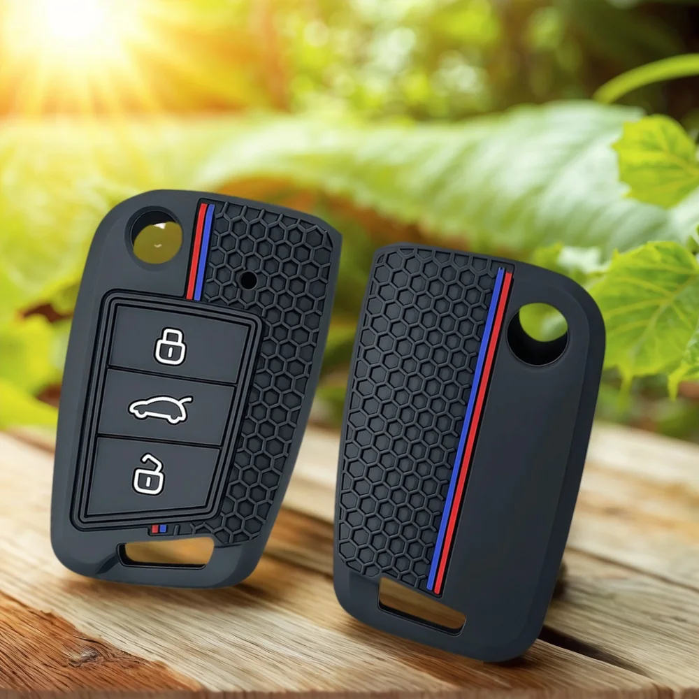 Silicone Car Key Cover For VW Golf 7 Mk3 Lion Polo T-cross Folding Case For Seat Toledo IV Ateca For Skoda A7 Rapid 2021