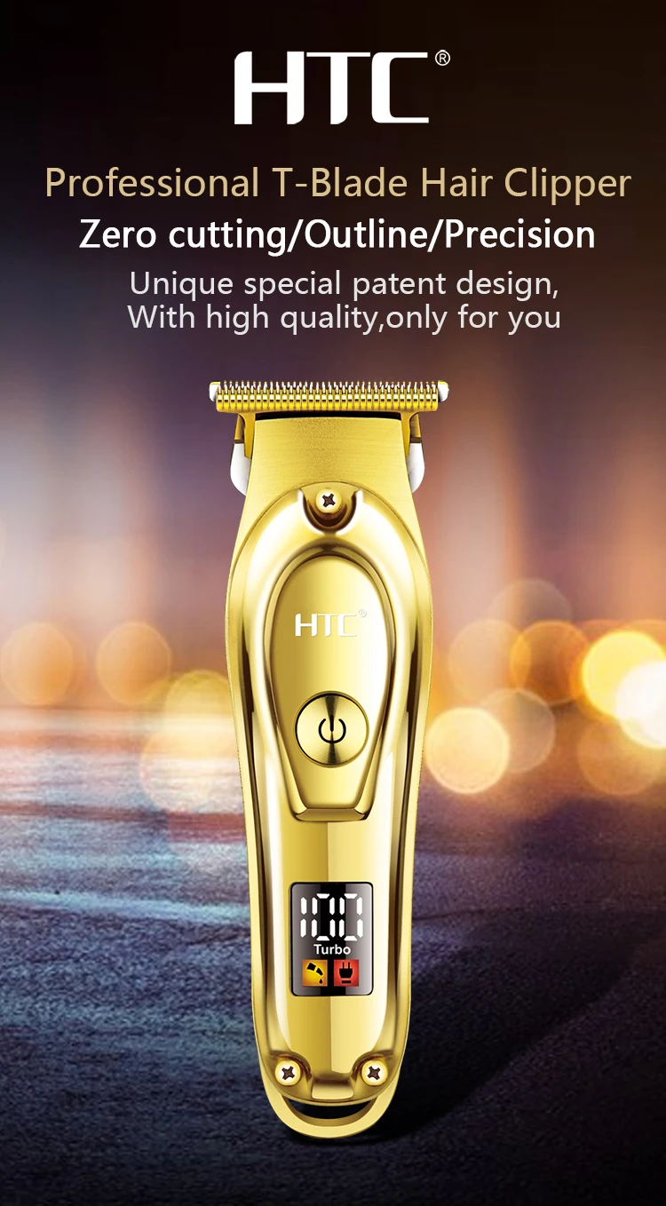 Htc At-176 Golden Color Blade New Patent Design Total Metal Cover With Led Display Lithium Battery T-Blade Hair Clipper