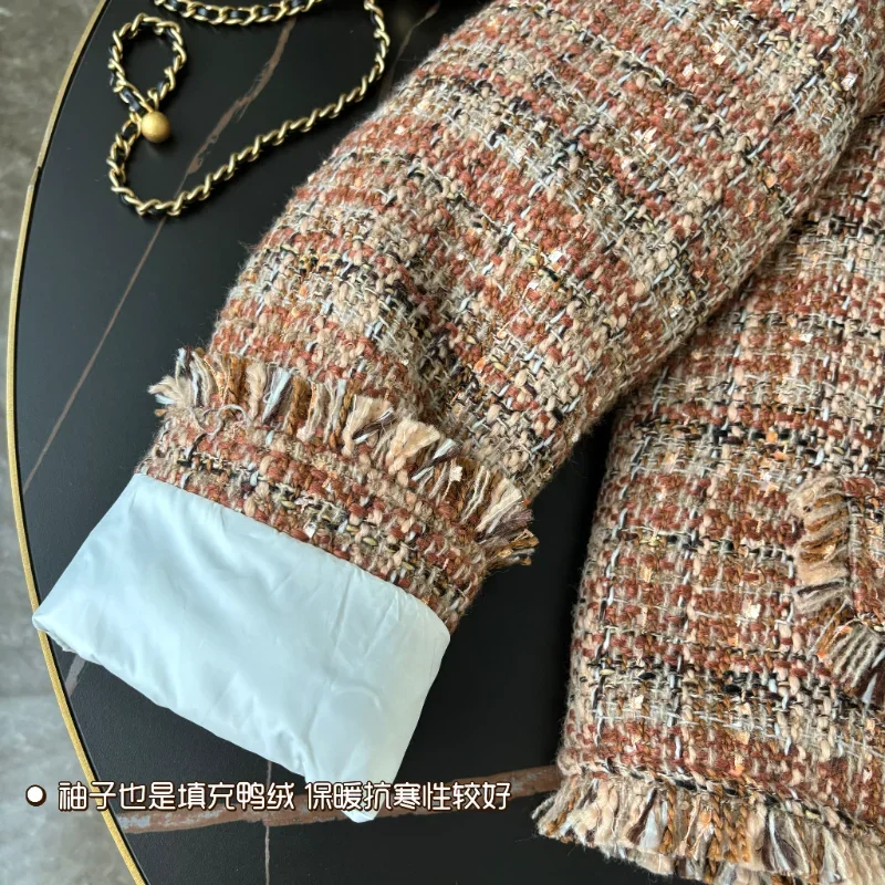 Abrigo corto pequeño fragante con forro cálido para otoño e invierno para mujer, abrigo francés holgado de Tweed con borlas y cuello redondo de manga larga para mujer