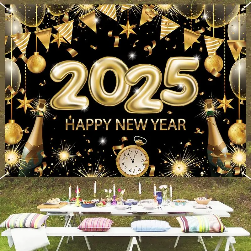 2025 New Year Backdrop 6.88 X 4.92ft Black Gold Happy New Year Background Happy New Year Decorations Holiday Wall Display For