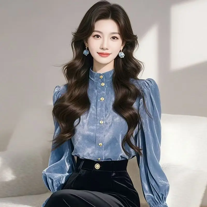 

Элегантная осенне-зимняя бархатная рубашка, женские блузки, модная однобортная рубашка с воротником-стойкой и длинными рукавами, базовая рубашка для работы и вечеринки