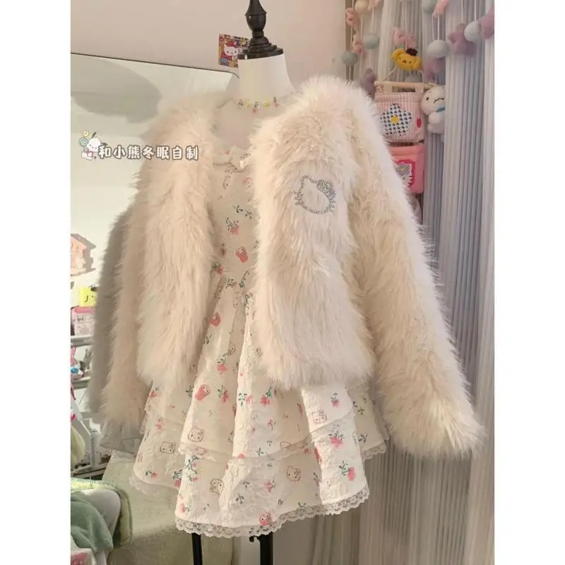 

Cartoon Sanrioed Anime Hello Kittys Fur Coat Ins Girly Heart Kawaii Wool Versatile Warm Trendy Skirt Holiday Gifts