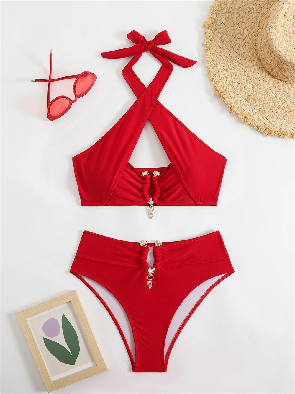 

Sexy Buckles Hollow Out Bikini Backless Bandage Swimsuit Women High Waist Vacation Swimwears Bathing Swimming Suit Beach Outfits