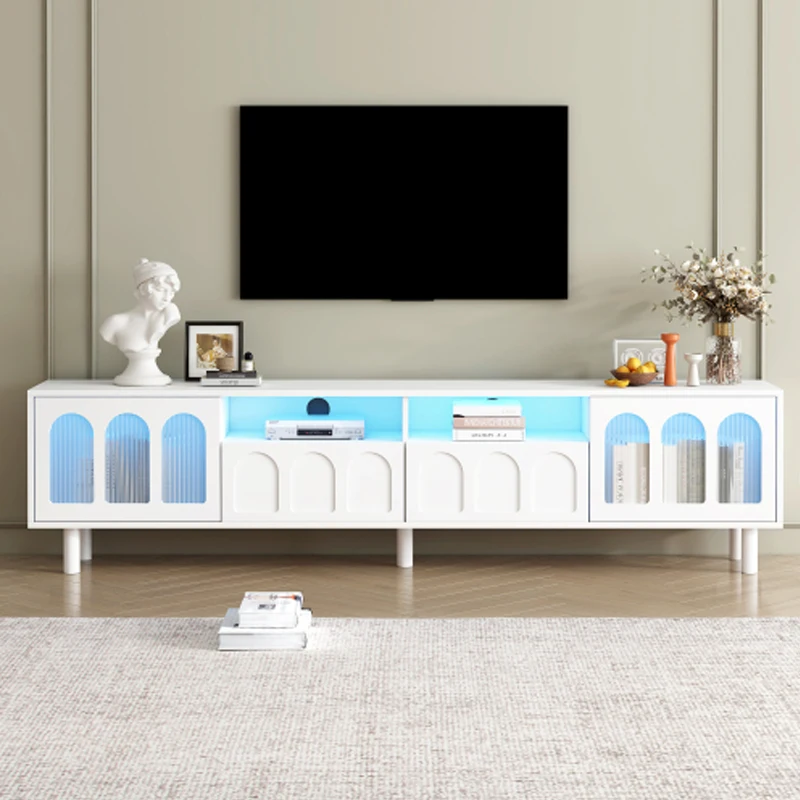 ON-TREND Cream Style TV Stand with LED Light Strip for TVs Up to 80'', Graceful Entertainment Center with 5 Solid Wood Legs