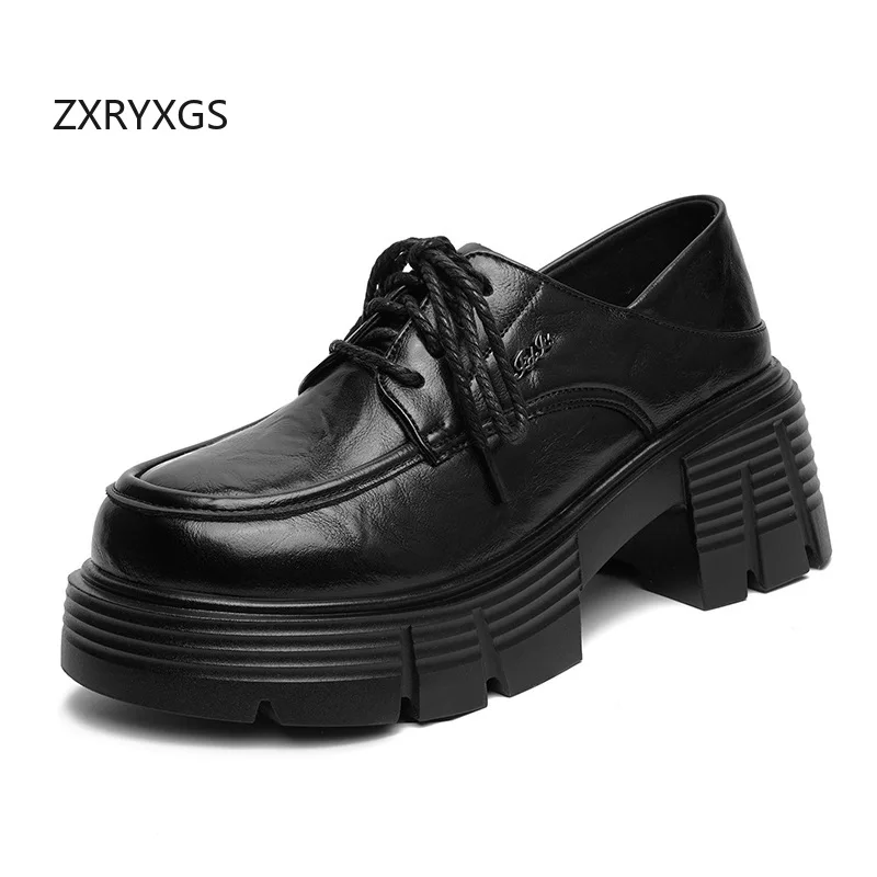 

ZXRYXGS обувь из воловьей лакированной кожи на толстой подошве увеличивающие рост женские туфли на высоком каблуке 2025 в британском стиле новая обувь для вождения и прогулок