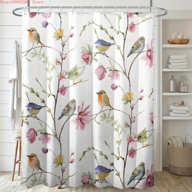 1pc flower branch bird print shower curtain hooks polyester -   With Hooks Waterproof Mildew Proof Easy Install Washable