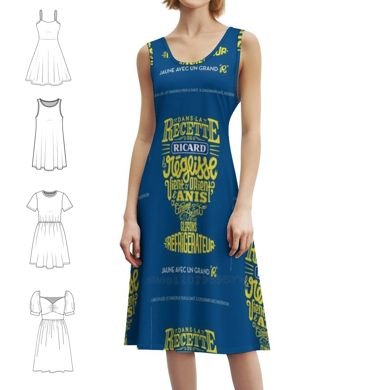 فستان Recette Du Vintage Ad بوهيمي بدون أكمام للنساء مطبوع فساتين حفلات الشاطئ Patis Jaune 51 Reglisse Glacon Glace Woman