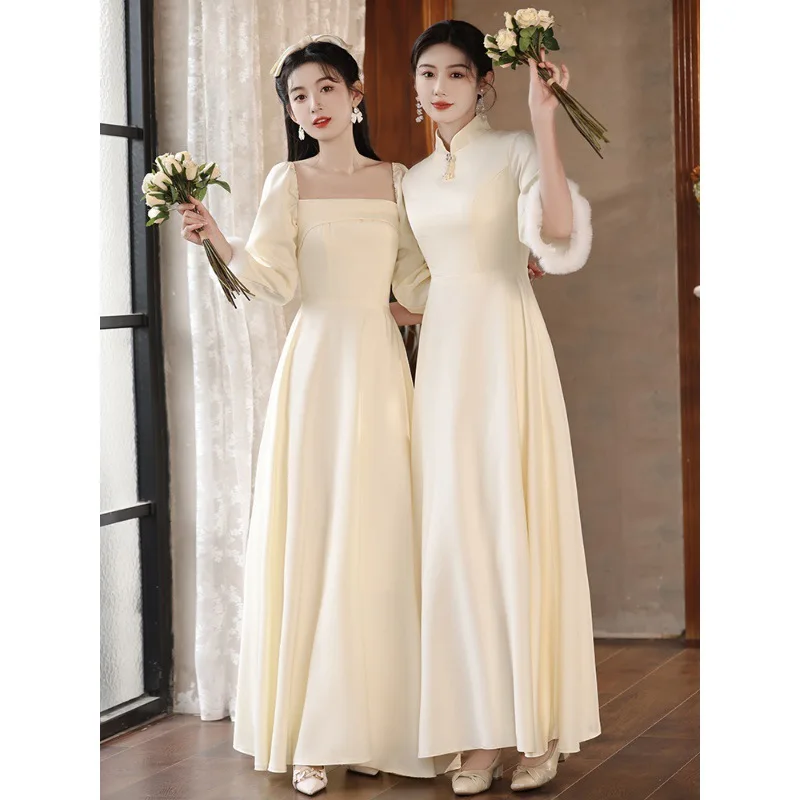 Chinese Style Bridesmaid Dress New Spring Champagne Group Women's Satin Niche High-Grade and Autumn