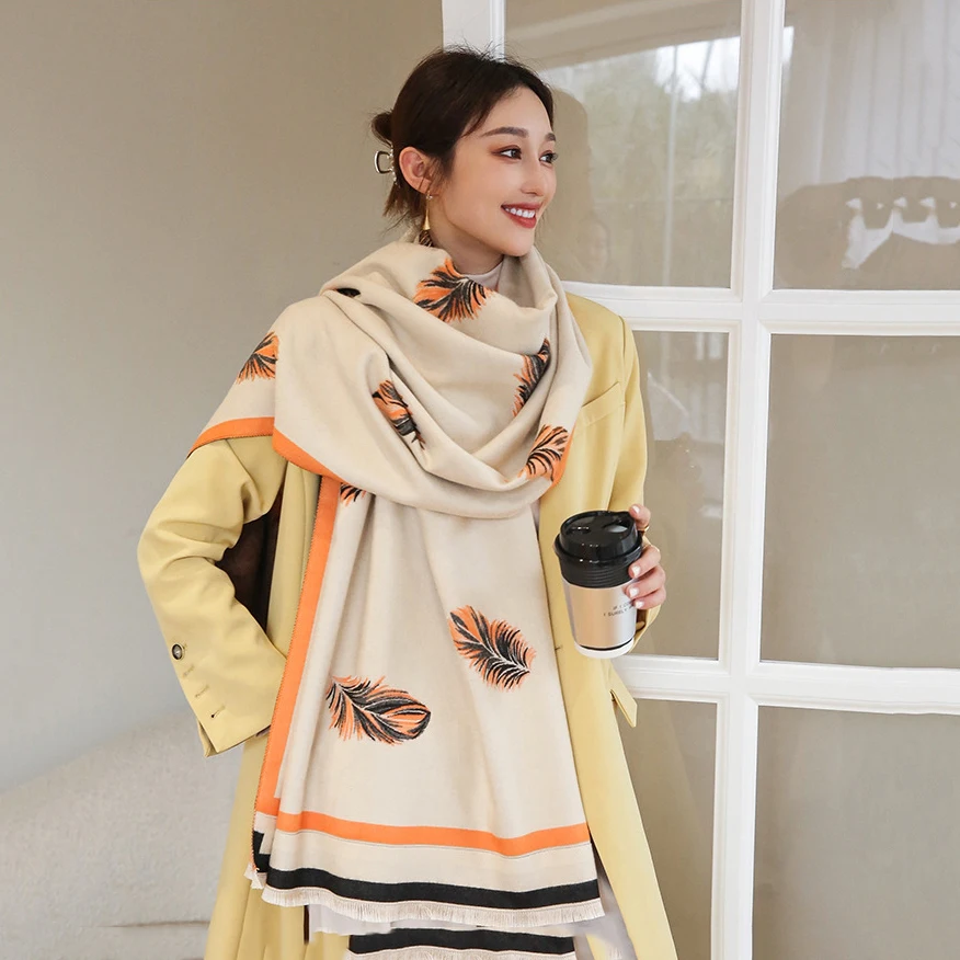 Good Thick Feather Print Acrylic Cashmere Scarf Long Shawl Women Autumn Winter Fashion Warm Neckerchief Office Leisure Travel