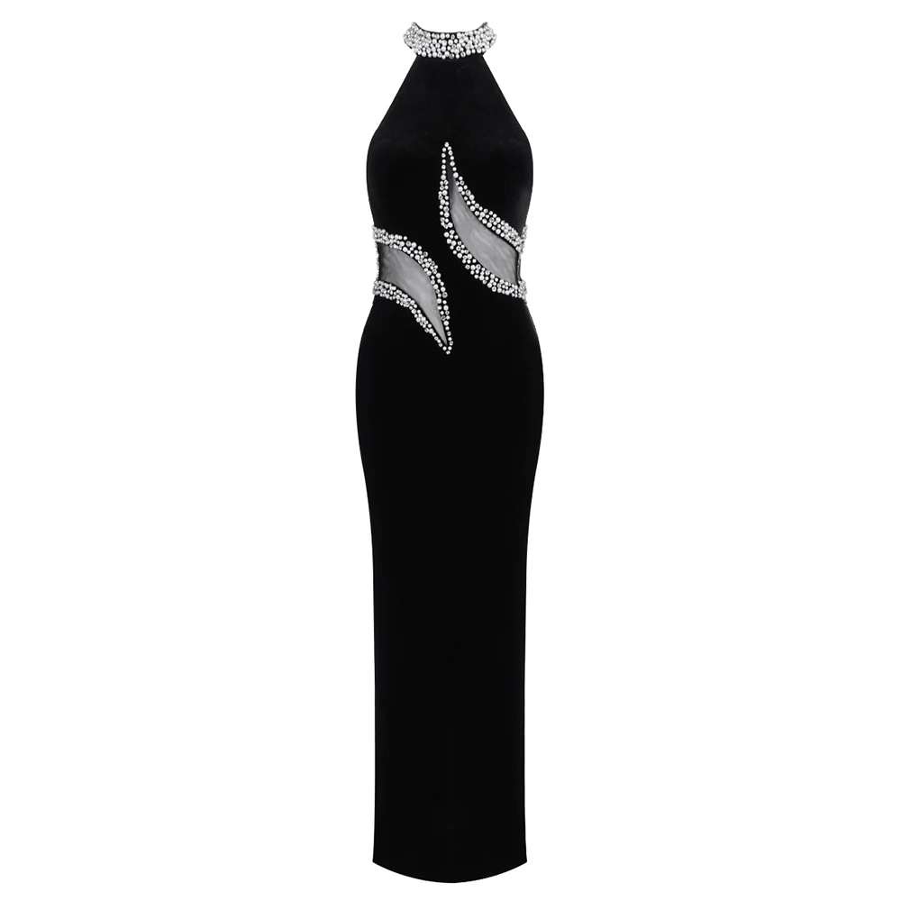 VC nuevo estilo sin mangas negro cristal perla recortado vestido de cuello redondo elegante vestido de verano para la noche de cita