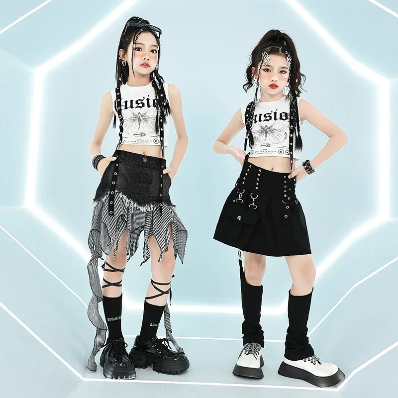 

Girls Hip Hop Clothing Children Streetwear White Short Sleeve Crop Top T-Shirt Denim Skirt Kids Jazz Dance 2pcs-Set Costume