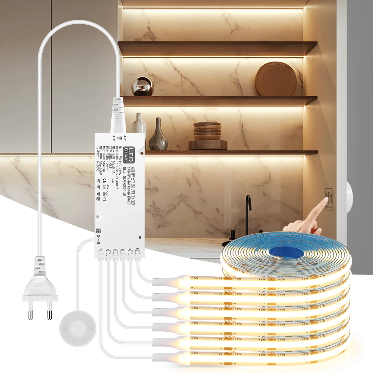 Led Under Furniture Cabinet Light Dimmable COB Light Strip Penetrable Wooden Touch Sensor Swtich Hand Scan Indution Lamp Tape