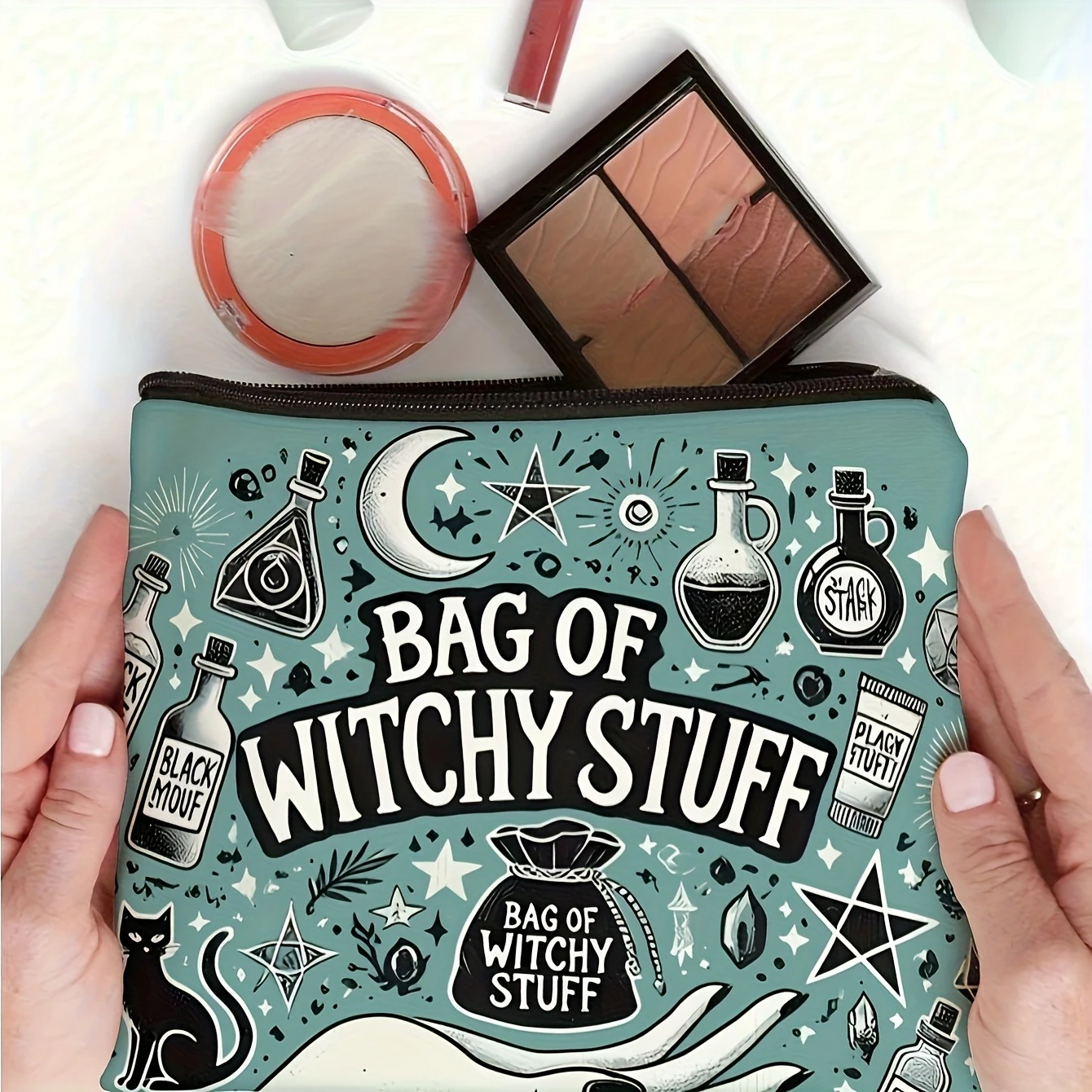 Mystical Witchy Makeup Bag Bohemian Mushroom Zipper Cosmetic Pouch Witch-Themed Printt Moon & StarsTravel Bag Halloween Gift view 2