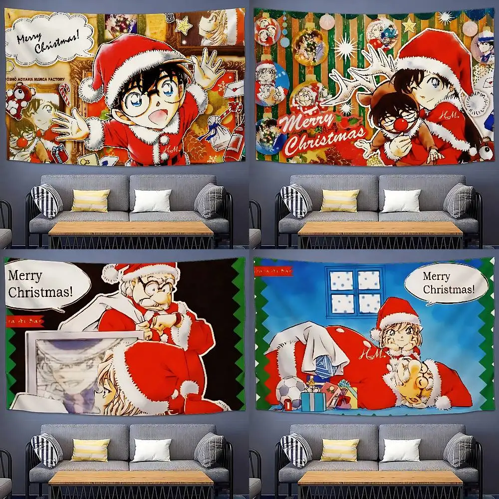 

D-Dete-ctives Conans Merry Christmas Tapestry Wall Hanging Printed Polyester Tapestry INS Decoration Wall Decor