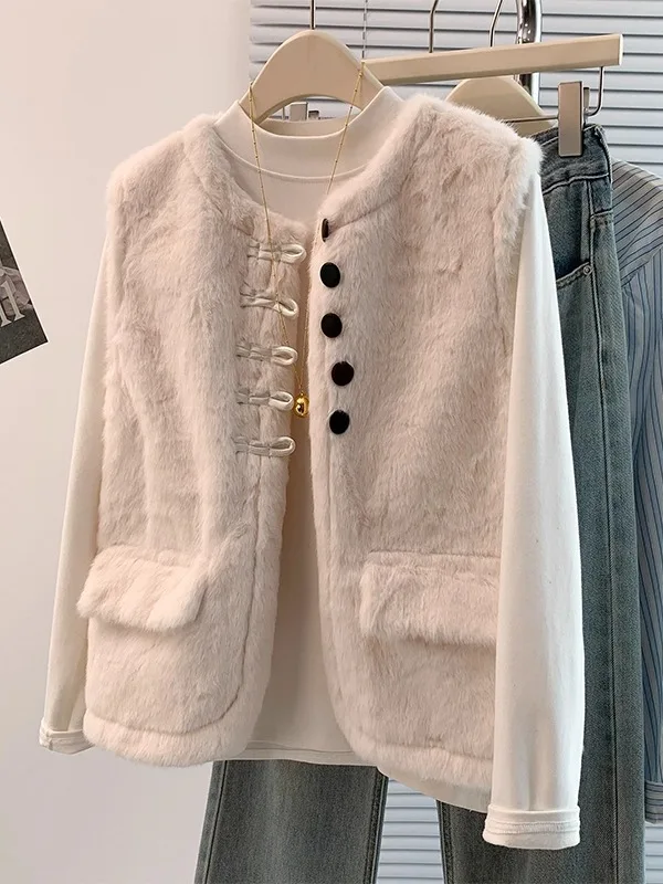 

Корейский жилет из мягкого искусственного меха, верхняя одежда, женский осенне-зимний теплый топ из кожи и меха на пуговицах в стиле ретро