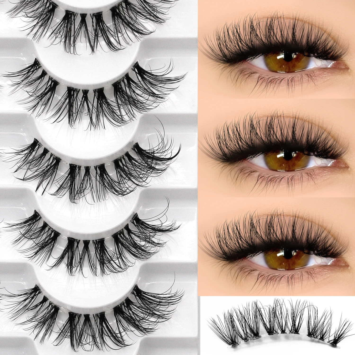 LASVIREY Pestañas postizas naturales y voluminosas, pestañas de tira gruesas y tupidas, efecto 5D, volumen dramático, imitación de visón, con banda transparente, estilo ojo de gato.