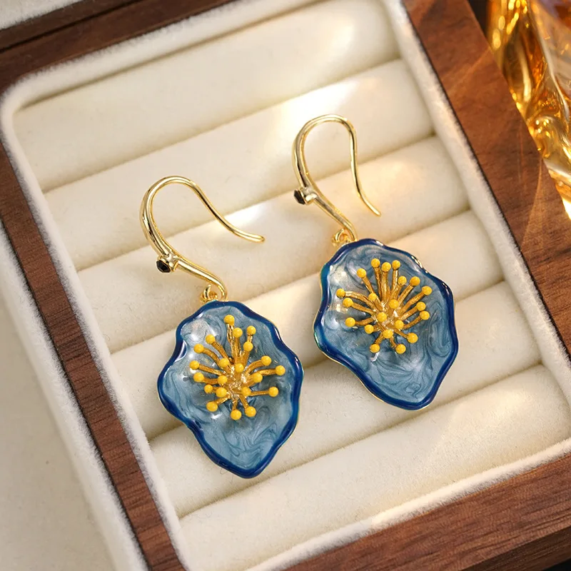 Medieval earrings flower new Chinese style glazed stamen retro stud earrings niche design court style earrings women