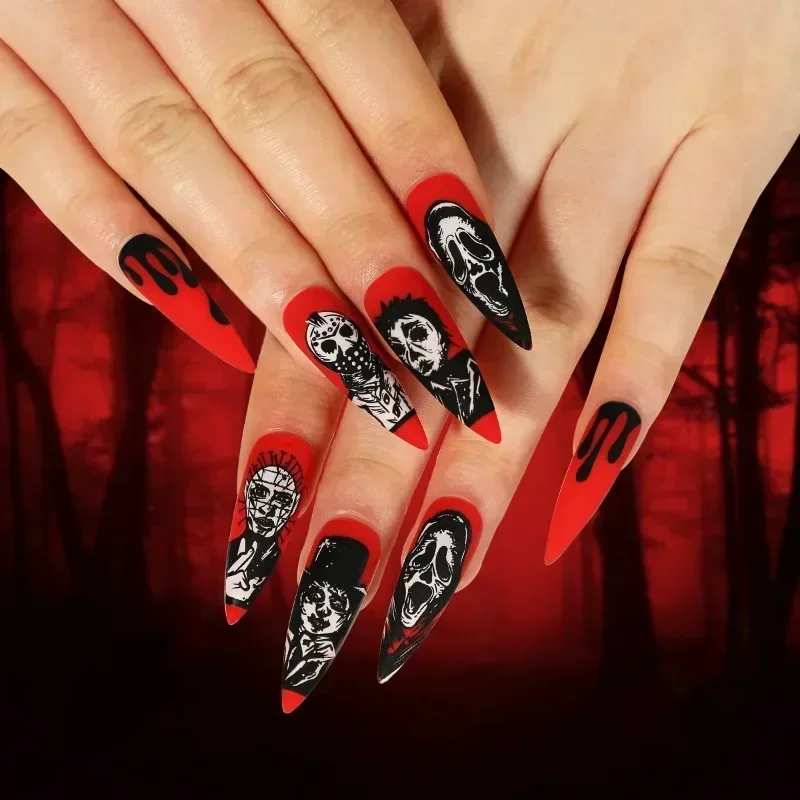 

Fashion Fake Nails Halloween Nail Art Red and Black Color Collision Human Skeleton Ghostface Portrait Manicure Finished Product