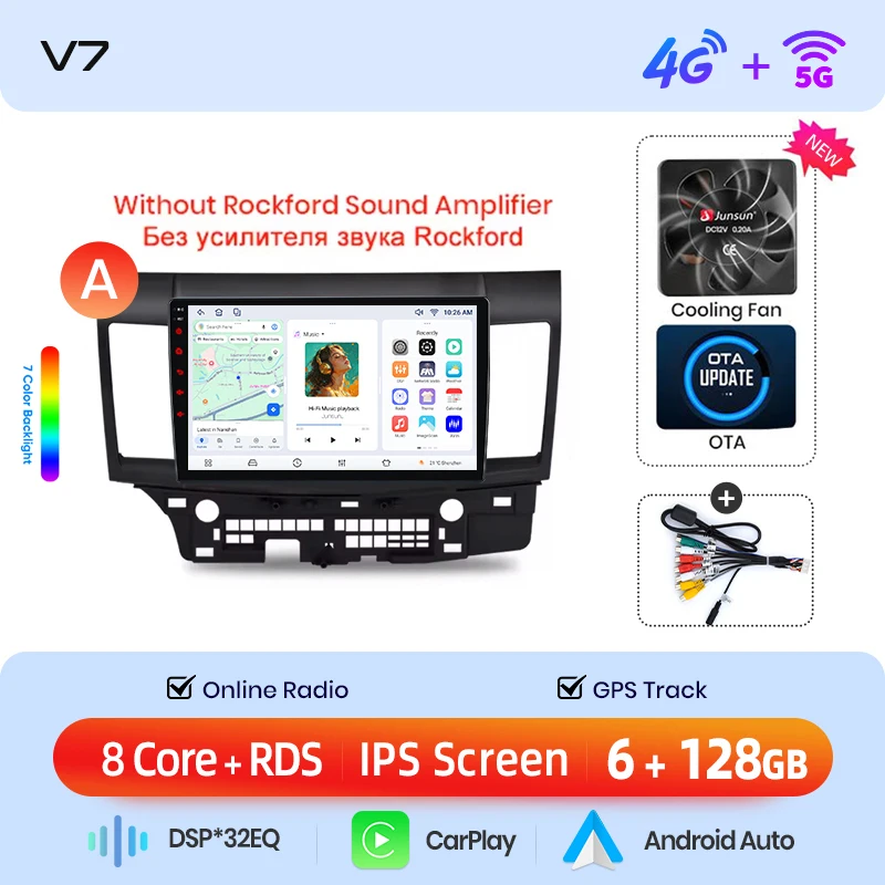 Junsun draadloze CarPlay Android Auto autoradio voor Mitsubishi Lancer (CY/CZ) 2007-2017 met ingebouwde koelventilator, Android GPS navigatie, multimediaspeler, WiFi, DSP, RDS, BT, SWC, IPS