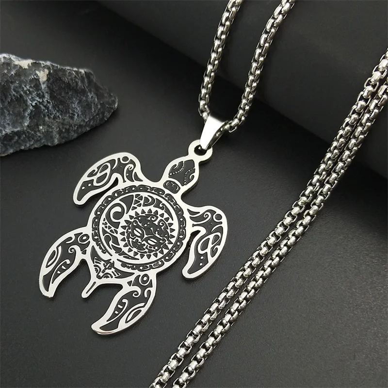 Sun and Moon Stainless Steel Turtle Necklace for Men Silver Color Necklaces Jewelry Christmas Gift cadena hombre N7530S03