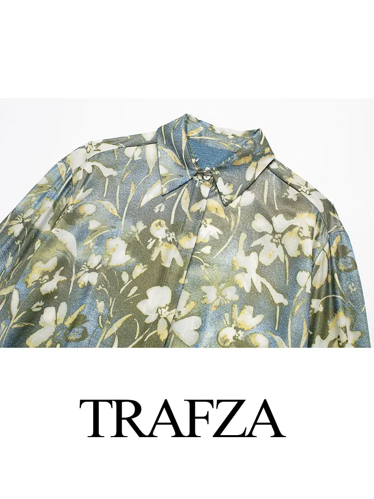 TRAFZA Spriing Fashion Metallic Flower Print Retro Suit High Waist Pleated Skirt+Lapel Long Sleeves Single Breasted Shirt 2024