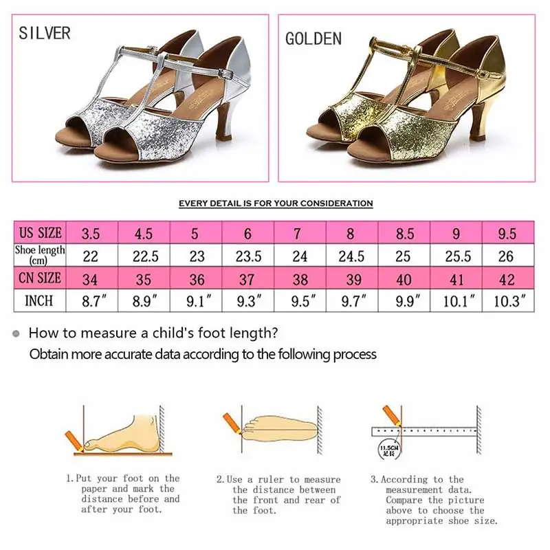 Latin Dance Shoes Girls Ballroom Latin Tango Dance Shoes heel 7.5cm / 5.5cm Sales Silver Gold Womem\'s  Dancing Shoes wholesale