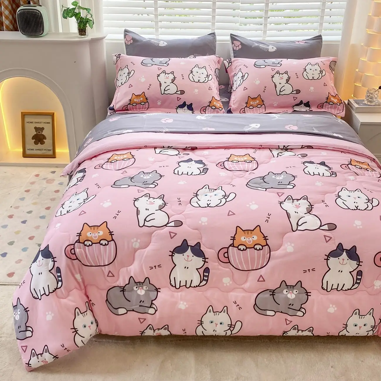 

7-Piece Cat Comforter Set Full Size Bed in a Bag, Pink Cartoon Cats Bedding for Kids Boys Girls Teens