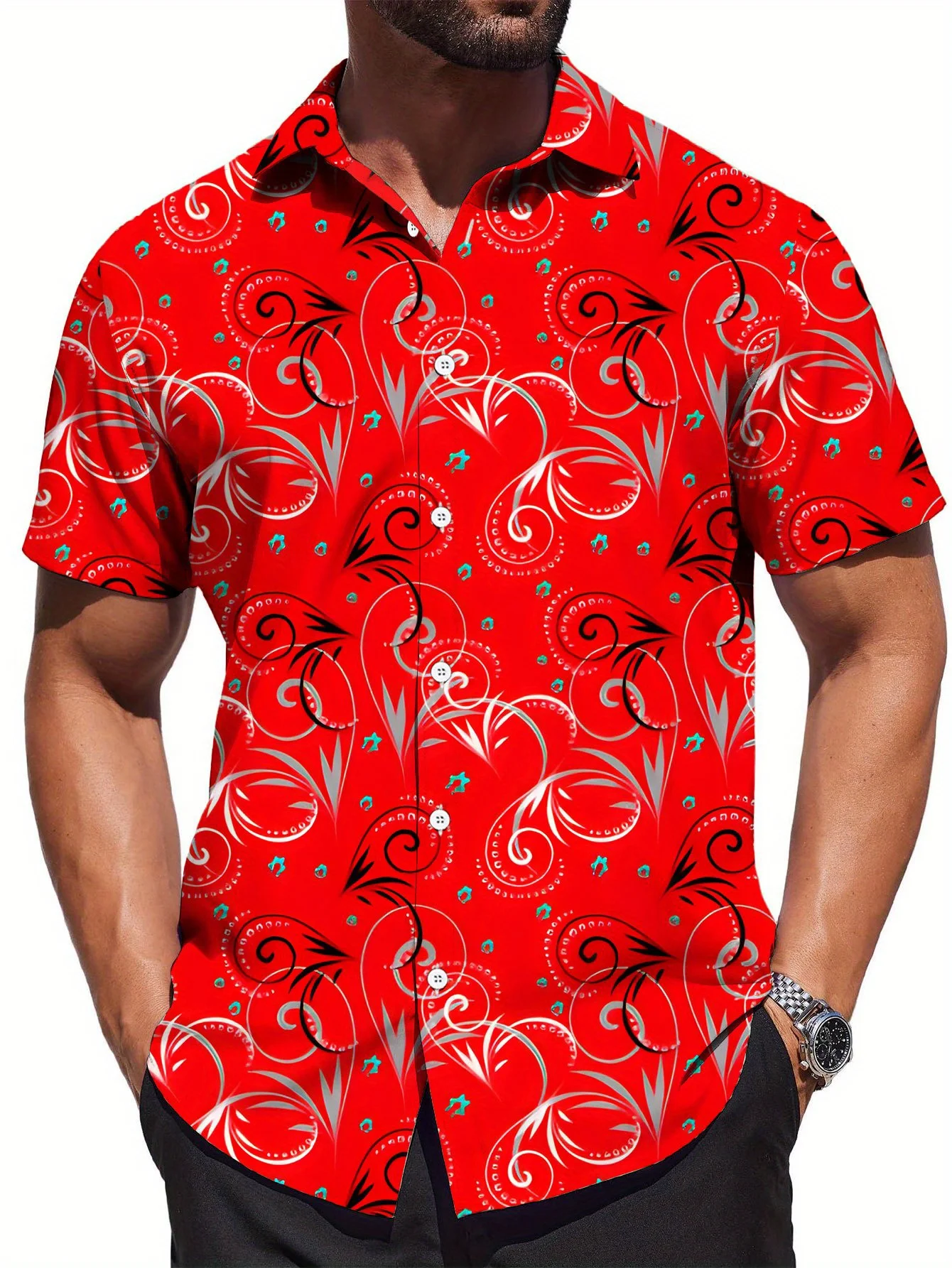 Men Short Sleeve Button Down Shirt Red Paisley Swirl Print Polyester Lapel Collar Casual Beach