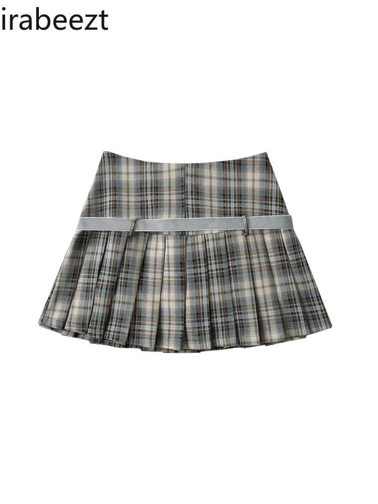 Vintage High-waisted Plaid Pleated Skirt College Style Sweet Butterfly Tie Belt Regular Fit Fashion Skirt Faldas Largas