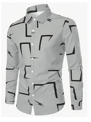 Men's casual versatile fashion street men's shirt lapel single-breasted long-sleeved men's simple geometric long-sleeved shirt